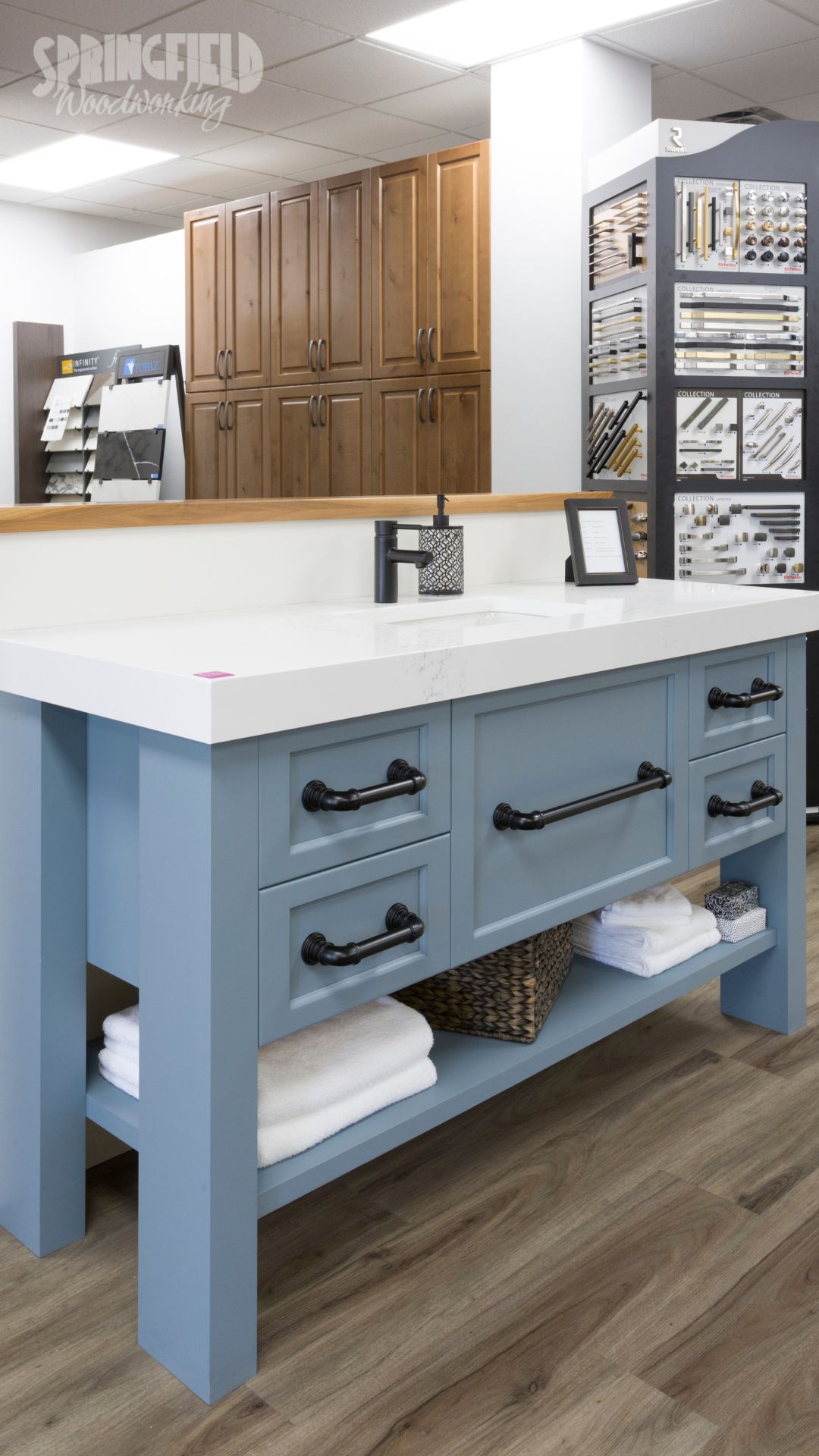 Pastel vanity, blue cabinets, custom cabinetry, bathroom cabinetry, sky blue